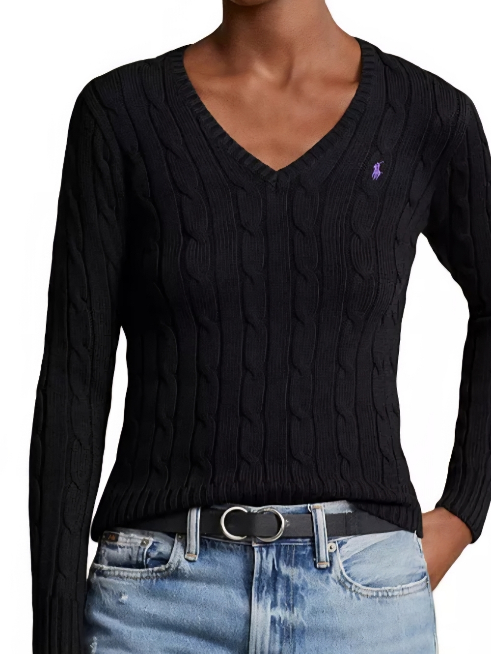 Ralph Lauren Sport Black Cable Knit V-Neck Sweater Size M Minimalist Preppy